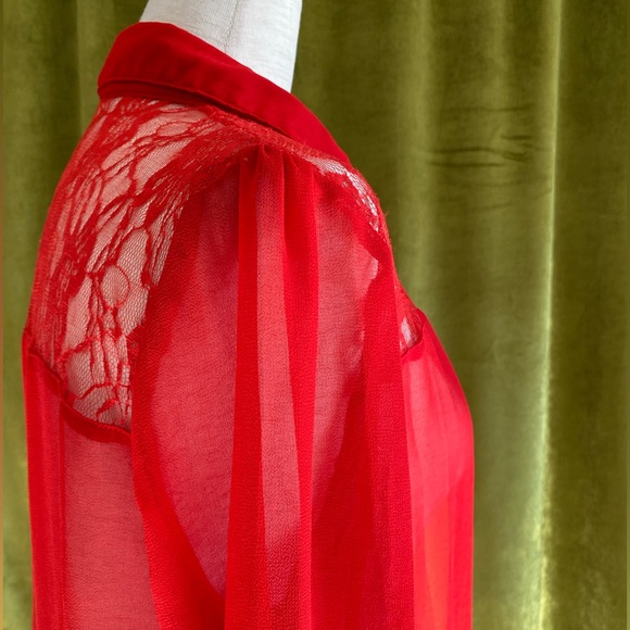 Vintage Red Blouse ❤️ Sheer, Long-Sleeve, Button Up - Picture 6 of 9